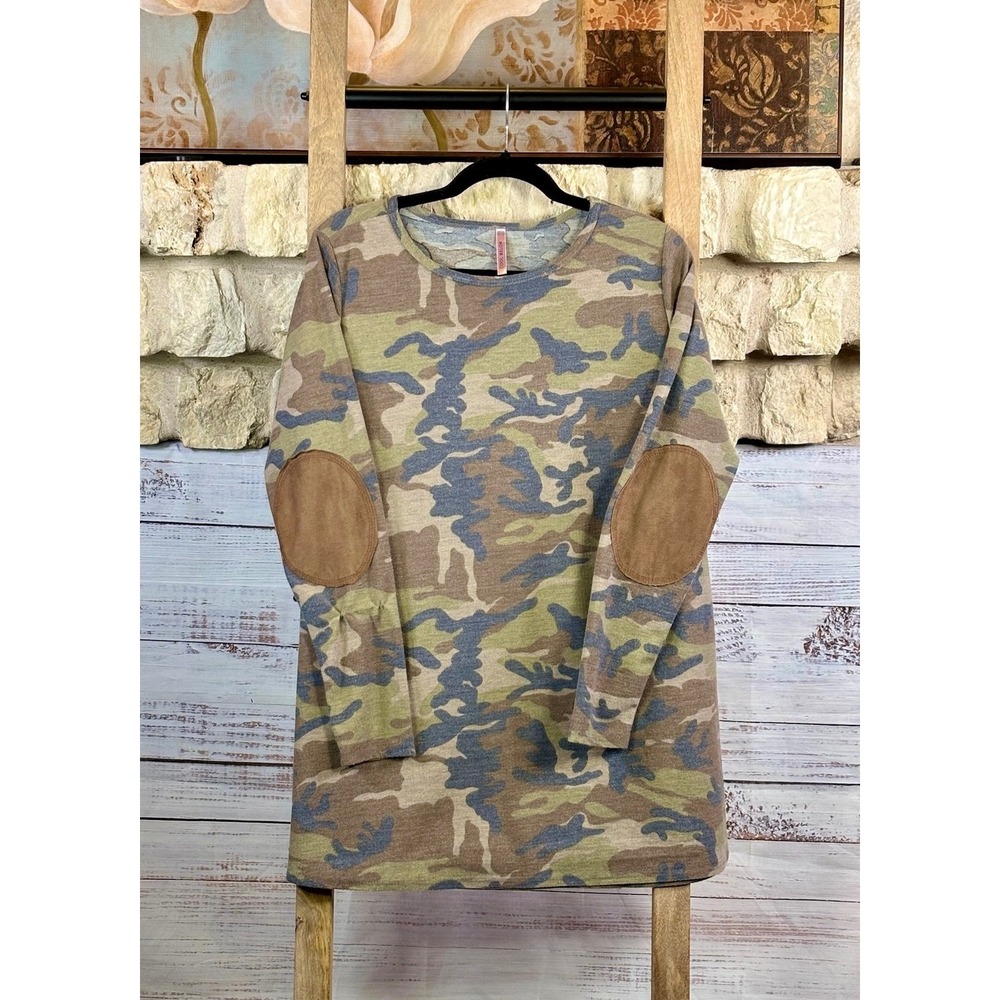 Cool Melon Camouflage Tunic Top with Brown Elbow Patches Large